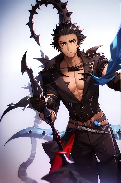 african american male, dark skinned male, long spiky hair, dark scythe, dark creatures surrounding him