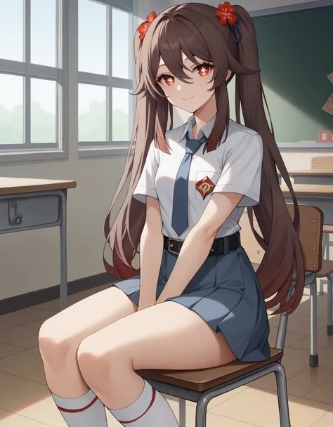 score_9, score_8_up, score_7_up, solo,1girl, hutao, long hair, bangs, brown hair, red eyes, hair between eyes, twintails, sidelocks, symbol-shaped pupils, small breasts, tucked in sma shirt, sma necktie, sma belt, sma skirt, sma shirt, sma skirt, inside cl...