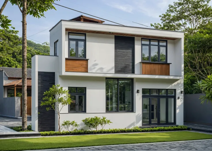 (masterpiece: 1.2), best quality, photo of modern two-story house in vietnam with white walls, tree environment, black details a...