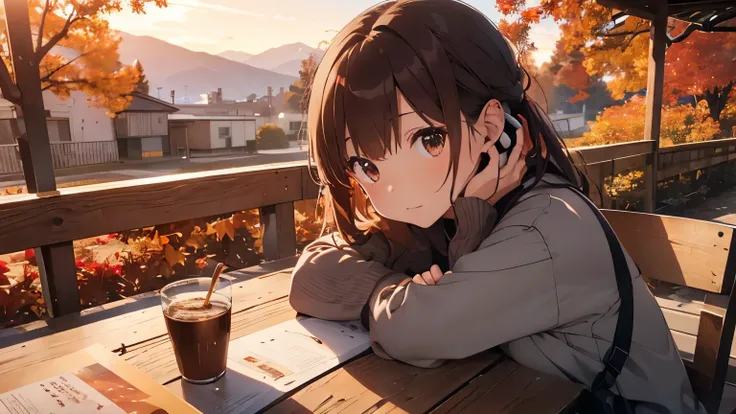 The ground is full of red leaves　Brown Hair、Sitting at an outdoor table drinking coffee、Cute girl wearing headphones、is studying with his notebook open、Autumn dress、Kind Face、Warm lighting　Japanese anime style　Angle where the entire desk can be seen,Shortc...