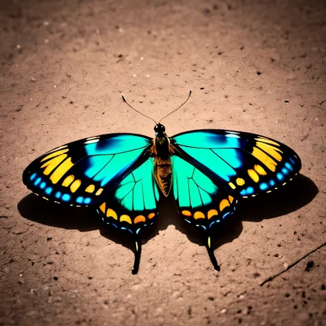 there is a butterfly that is sitting on the ground, a macro photograph by Emanuel Schongut, flickr, hurufiyya, iridescent wings, iridescent moth wings, beautiful iridescent colors, beautiful symmetric, butterfly, translucent wings, ringlet, beautiful opene...