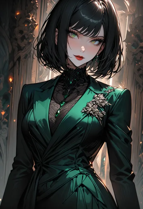 solo, female, 5 feet 8 inches tall, slender, athletic build, raven-black hair, elegant shoulder-length bob cut, heart-shaped face, piercing emerald green eyes, formal attire, designer gown, refined features, fantasy, elegant, close up, Councilor, masterful...