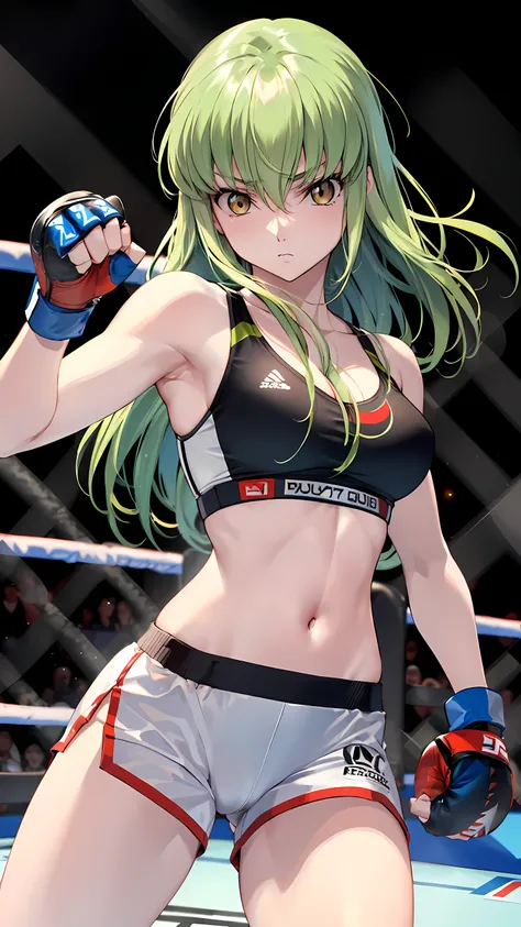 CC_Code Geass, Hair between the eyes, Very long hair 1 person, Bright light, alone, cowboy shot, (masterpiece, Highest quality), 8k, Intricate details, (on MMA Arena :1.5), (wearing MMA uniform:1.5, white sports bra:1.5, black short spats:1.5, wearing MMA ...