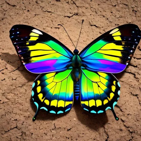 there is a butterfly that is sitting on the ground, a macro photograph by Emanuel Schongut, flickr, hurufiyya, iridescent wings, iridescent moth wings, beautiful iridescent colors, beautiful symmetric, butterfly, translucent wings, ringlet, beautiful opene...