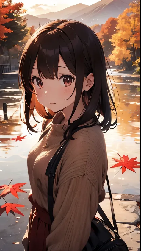 The ground is full of red leaves　Brown Hair、Autumn Dresses、Kind Face、Warm lighting　Japanese anime style　Shortcuts　There are many autumn leaves on the ground at dusk　The background is mountains and autumn leaves　Autumn leaves are falling