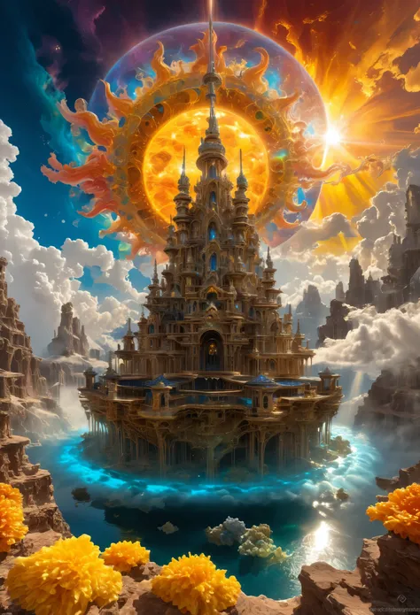 (Floating Castle, Majestic Buildings, Mysterious, Supernatural, In the cloud world:0.5), (Solar synesthesia, Sensuous Solarism, Synesthetic solar landscape, Symphony of the Sun, Color Enlightenment:1.3), (masterpiece of the highest quality, Professional pe...