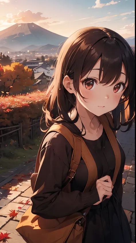 The ground is full of red leaves　Brown Hair、Autumn Dresses、Kind Face、Warm lighting　Japanese anime style　Shortcuts　There are many autumn leaves on the ground at dusk　The background is mountains and autumn leaves　Autumn leaves are falling