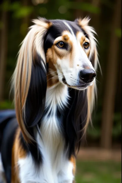 (masterpiece, best quality:1.2), saluki, closeup, perfect eyesblack and tan saluki looking over shoulder at the camera, gold eye...