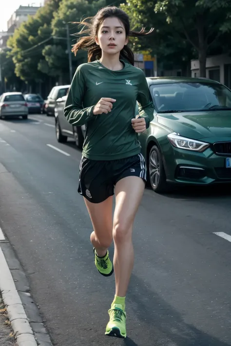 A person running desperately and a dark green car atess