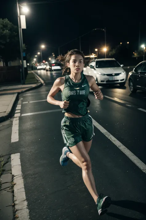 A person running desperately and a dark green car atess