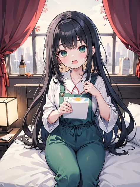 ((Best Quality, 8k, masterpiece: 1.3)),people間の女の子,１people,１peopleで,((Petite,Glamorous Body,Curvy)),cute,Beautiful emerald green eyes wide open,Surprised and amazed expression,Open your mouth wide,((Long black hair)),Jumping out of bed in light blue pajama...