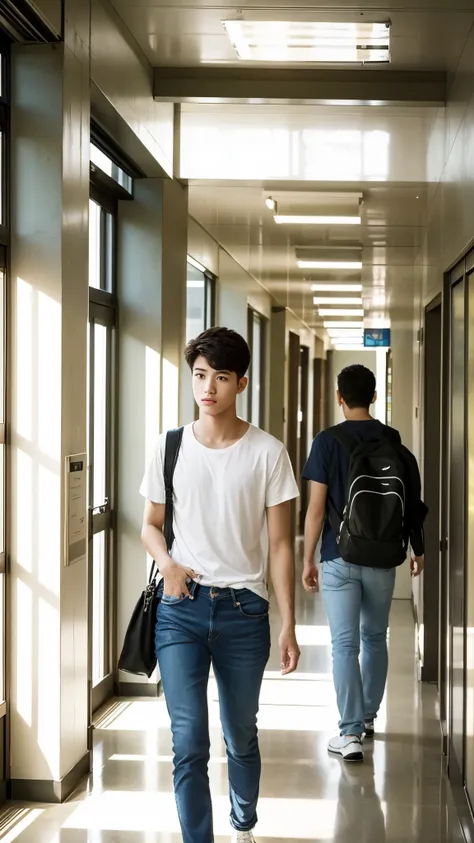 A wide-angle shot in a college hallway showing a 20-year-old boy, wearing jeans and a white T-shirt, looking at a girl in the distance. The girl, also in jeans and a white top, walks away from him down the hallway. There is a clear distance between them, w...