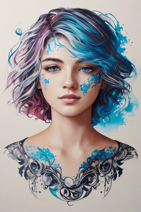 ready-to-print vector t-shirt art graffiti illustration of a young woman colored：2 woman, blue messy hair, oil painted, perfect face, perfect face, intricate image, shades of blue，light red color added, 8K resolution，A ArtStation digital painting, it is sm...