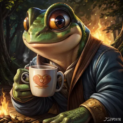 a close up of a frog with a cup of coffee, a pastel by Jesper Ejsing, trending on cgsociety, art nouveau, cute frog, cute illustration, the wednesday frog, monge jean-baptiste monge, ❤🔥🍄🌪, 🍂 cute, jean - baptiste monge, frog, froggy, very detailed toad, cu...