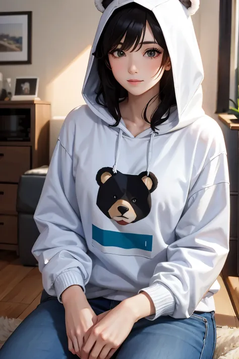 Wearing a cute bear hooded shirt、One pretty woman、The background is in the room