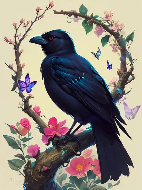 a black bird sitting on a branch with flowers and butterflies, birds f cgsociety, by Ryan Yee, by Gonzalo Endara Crow, 🌺 cgsociety, art contest winner on behance, crows beautiful, detailed crow illustration, jen bartel, beautiful illustration, by Jason Cha...