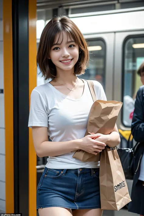 high quality), (Realistic photos)、1 female、((No audience:1.7))、((At the subway entrance:1.4))、((Photographed from the front:1.5))、((A woman with short hair wearing a white short-sleeved T-shirt:1.4))、Daytime、((A woman is walking in a denim skirt that accen...