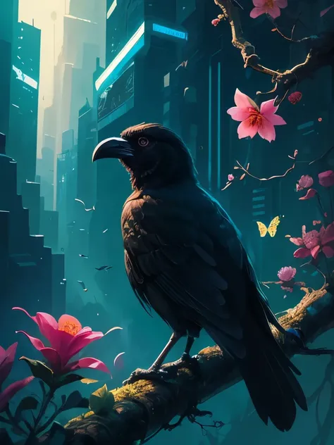 a black bird sitting on a branch with flowers and butterflies, cyberpunk art by Ryan Yee, trending on cgsociety, fantasy art, birds f cgsociety, 🌺 cgsociety, art contest winner on behance, crows beautiful, detailed crow illustration, jen bartel, beautiful ...