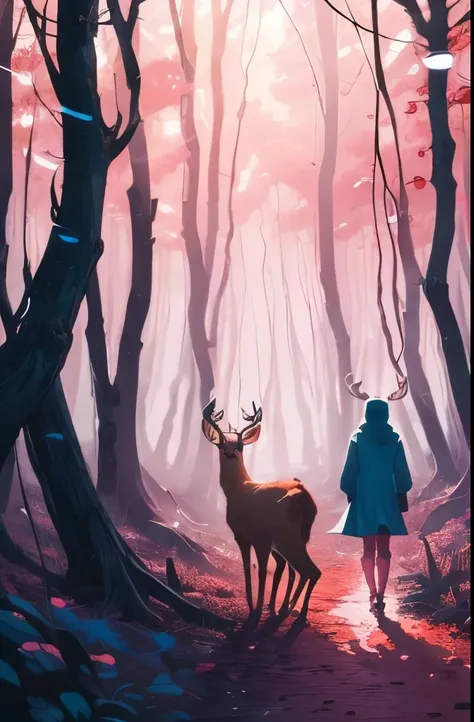 there are two deers that are standing in the woods, fauns, brittney lee, laurie greasley and james jean, deers, in pink forest, in style of laurie greasley, jen bartel, by Jin Nong, pink forest, dreamy psychedelic anime, laurie greasley, beautiful illustra...