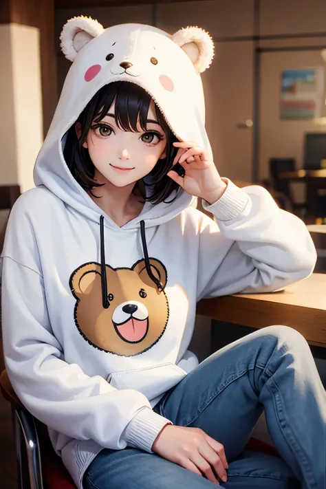 Wearing a cute bear hooded shirt、One pretty woman、Bright expression、smile、The background is in the room