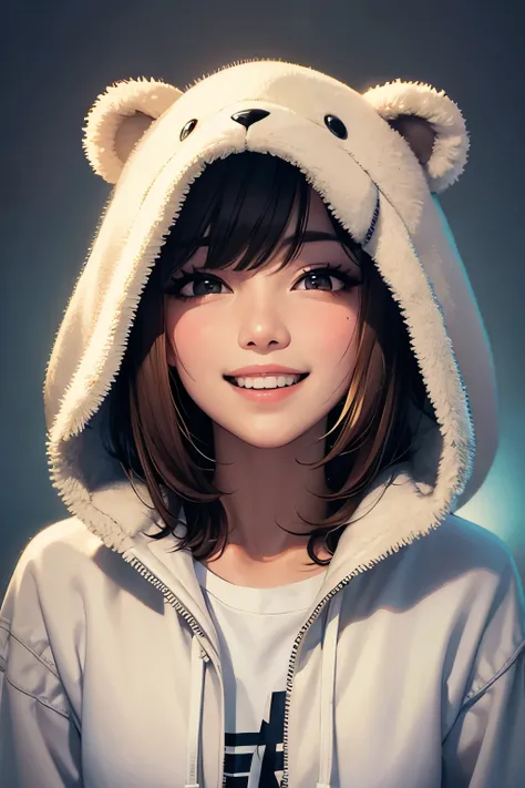 Wearing a cute bear hooded shirt、One pretty woman、Bright expression、smile、The background is in the room