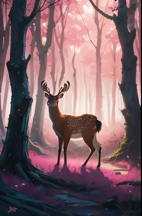 there are two deers that are standing in the woods, a detailed painting by Jin Nong, pixiv, sots art, fauns, brittney lee, laurie greasley and james jean, deers, in pink forest, in style of laurie greasley, jen bartel, pink forest, dreamy psychedelic anime...