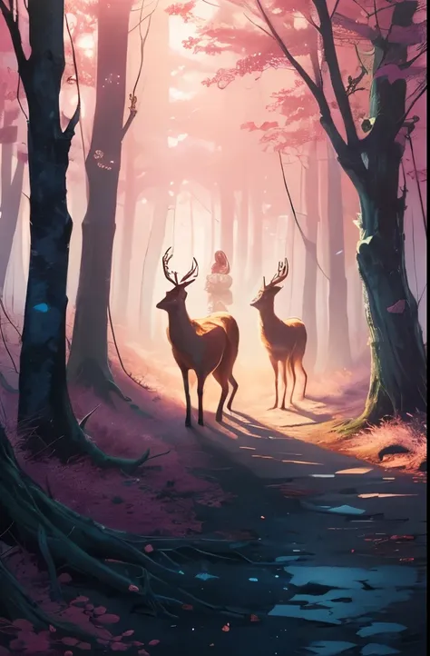 there are two deers that are standing in the woods, a detailed painting by Jin Nong, pixiv, sots art, fauns, brittney lee, laurie greasley and james jean, deers, in pink forest, in style of laurie greasley, jen bartel, pink forest, dreamy psychedelic anime...