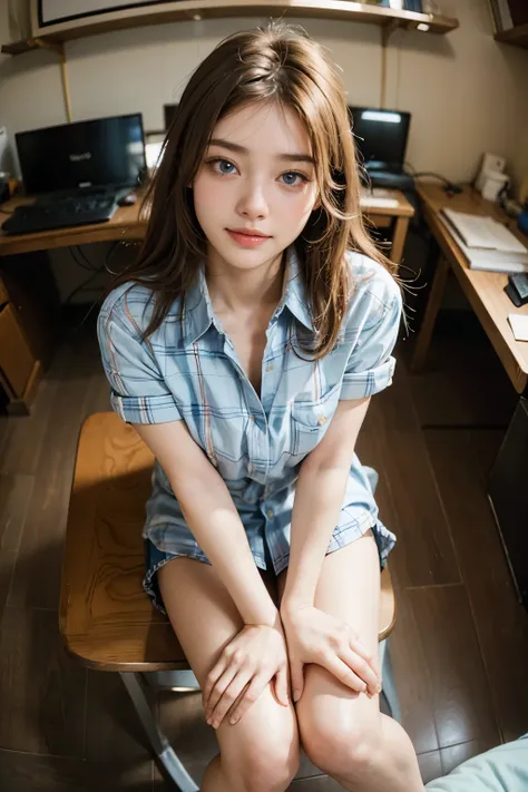 Best Quality, masterpiece ultra high resolution 8k,((Portrait of a person sitting with legs together:1.4)), (Realistic:1.6), ((blue eyes)),((A radiant smile)), RAW Photos,((Realisticな美肌)),(( cap,Soft flannel skipper shirt:1.4)),((Soft looking breasts)),((U...