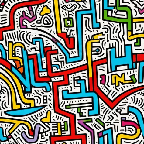 Ultra-realistic Keith Haring colorful style, Simple lines acronym abstract art，(((Happy town))), stylish design