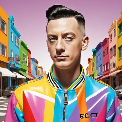 Ultra-realistic Jeremy Scott colorful style, Simple lines acronym abstract art，(((Happy town))), stylish design