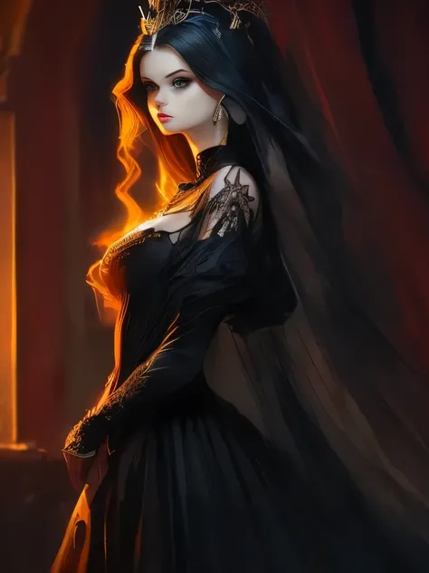 a woman in a black dress and a crown, digital art by Marie Bashkirtseff, tumblr, gothic art, beautiful elegant demon queen, ((a beautiful fantasy empress)), dark goth queen, beautiful vampire female queen, an elegant gothic princess, dark goth queen with b...