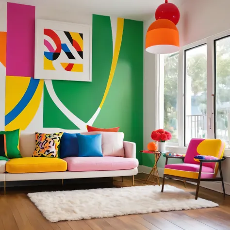 Ultra-realistic Jeremy Scott colorful style, Simple lines acronym abstract art，(((Holiday room))), stylish design