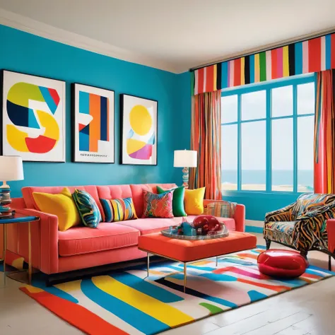 Ultra-realistic Jeremy Scott colorful style, Simple lines acronym abstract art，(((Holiday room))), stylish design