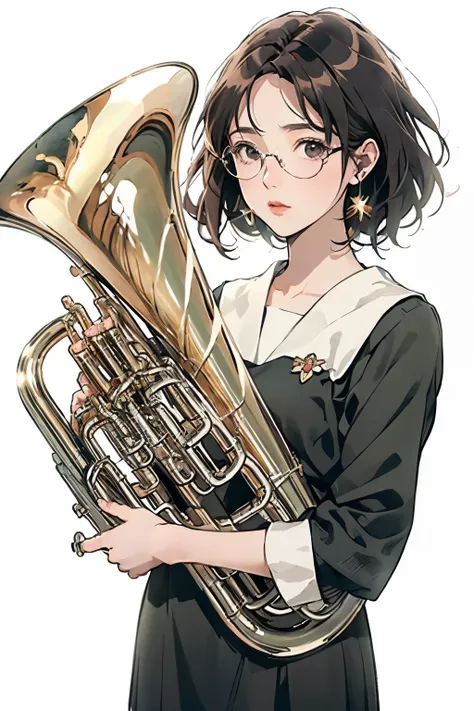 (Best Quality、masterpiece)、(Concept Art)、(Avatar)、(icon)、((One Woman))、((Alone))、(Playing the Euphonium:1.2), Alone, (Draw the Euphonium Shape Accurately:1.4)、Standing、(From before)、Office Lady,suit,Pantyhose short hair, Semi-rimless eyewear,(Looking at th...