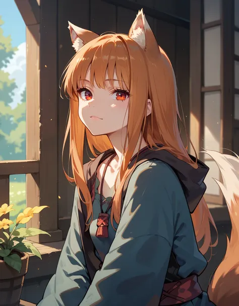 score_9, score_8_up, score_7_up, score_6_up, holo, 1girl, wolf ears, long hair, solo, red eyes, ginger hair, wolf tail,