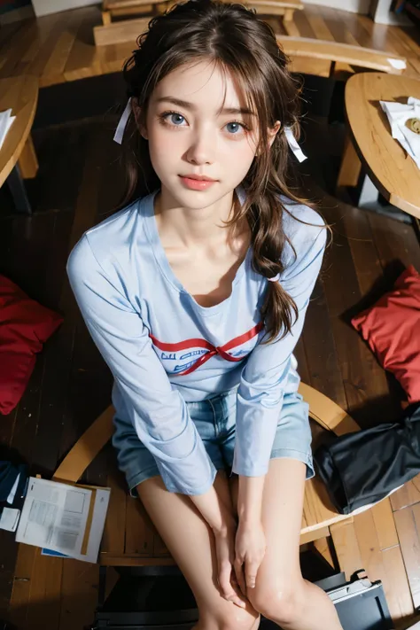 Best Quality, masterpiece ultra high resolution 8k,((Portrait of a person sitting with legs together:1.4)), (Realistic:1.6), ((blue eyes)),((A radiant smile)), RAW Photos,((Realisticな美肌)),((UNIQLO,Dry EX French Sleeve T-shirt :1.4)),((Soft looking breasts)...