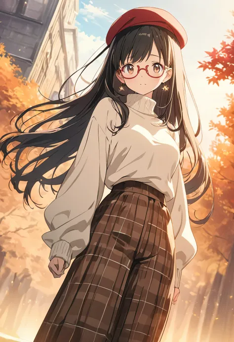 1girl, , brown eyes are shining and cute, black hair, long hair, extremely detailed neat hair,Straight hair, tareme, ((red-rimless eyewear:1.2)), star earrings, medium breasts,  blushful,

BREAK
Fall attire, fall background,white high neck sweater, burgund...