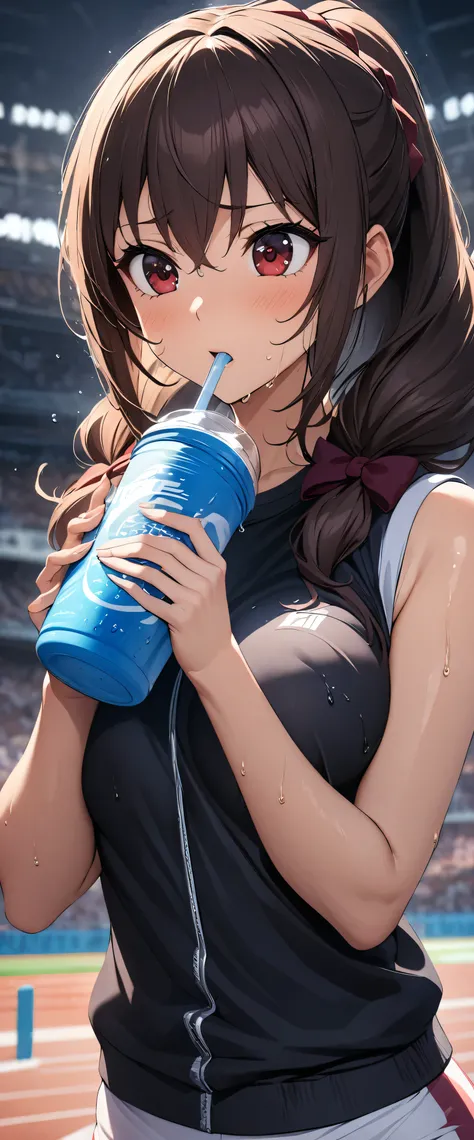 (((masterpiece)))、((Best Quality))、(Ultra-detailed)、(CG illustration)、(Very beautiful woman))、Cinematic Light、((1 Female))、 、(Beautiful and luxurious:1.2)、(One Woman:1.3)Sports Stadium,,((Japanese white sleeveless gym clothes),Wet with sweat,Beautiful pony...