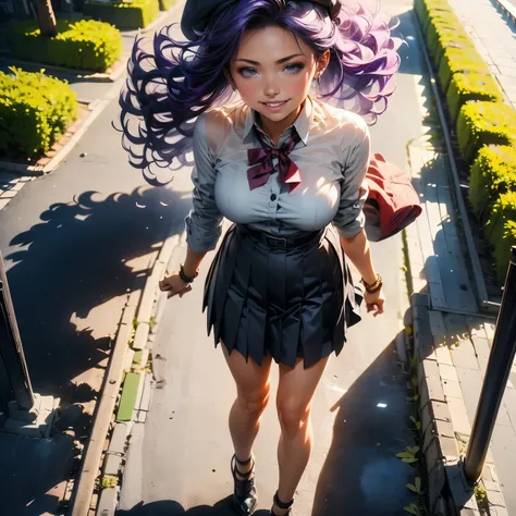 (masterpiece), best quality, 1girl, expressive eyes, perfect face, (purple hair), perfect anatomy, full body, 4k, HDR, full HD, solo, she is wearing a knee-length skirt, the skirt is pleated but She is being lifted by a strong wind, her skirt is white, she...