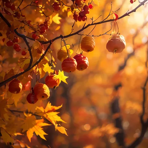 a branch with red berries and yellow leaves in the fall, autumn! colors, beautiful autumn spirit, autumn colors, dark oranges reds and yellows, autumn color, golden autumn, vibrant autumn colors, soft autumn sunlight, ❤🔥🍄🌪, autumn lights colors, autum, aut...