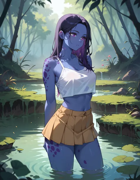 score_9, score_8, score_7, (swamp), (one female character), (standing), (posing), (camera distance shot), (dark blue skin with purple spots, wearing a short skirt, turning her head to the left), wearing a short skirt