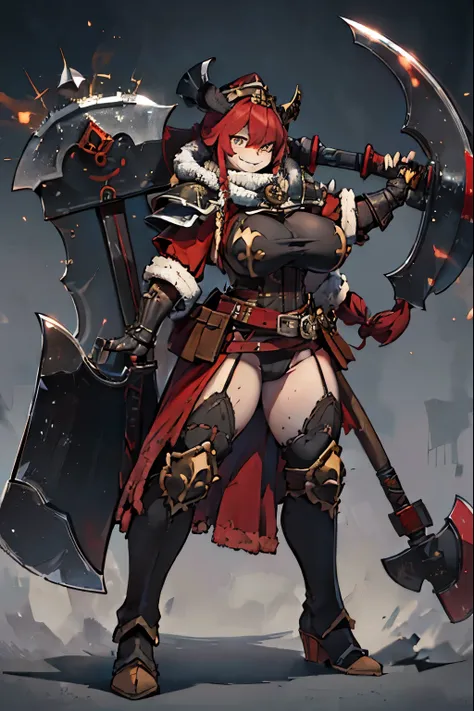 Ultra-detailed, Best Quality,Red Hair,(Giant Battle Axe:1.5),Fur coat,Carry a weapon,Fur hat,One Mature Woman,Black rabbit ear ornament,Combat Ready,Knight,Two big thick braids,Leotard inner,Gauntlet,Furry boots,leather armor,Rugged belt,Golden Eyes,conque...