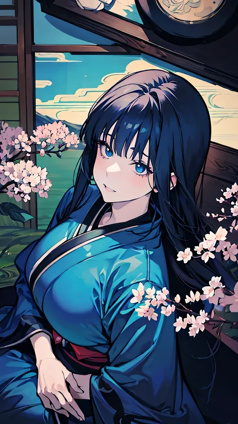 adult woman,anime,High angle,looking up,downturned eyes,blue eyes,small nose,full lips,medium straight black hair,playful smile,dark blue kimono,bangs,overweight,sitting,Japanese room,overweight,drunk,big tits,face close up