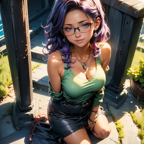 (masterpiece), best quality, 1girl, expressive eyes, perfect face, (purple hair), perfect anatomy, full body, 4k, HDR, full HD, solo, she is wearing a V-neck blouse, the blouse is colored turquoise blue, her shoulders are bare, she wears comfortable sandal...