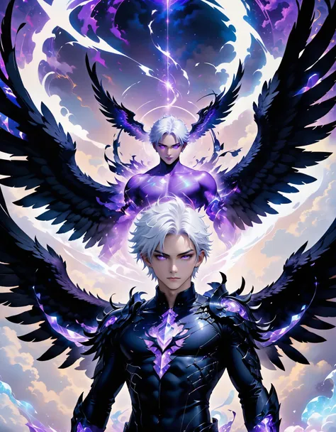 Wallpaper quality, solo, male, white hair, black wings, dark clothing, The boy takes on an incredibly powerful appearance: His body is enveloped by an intense purple aura;, A focused expression takes over his face. His eyes shine like diamonds on a level t...