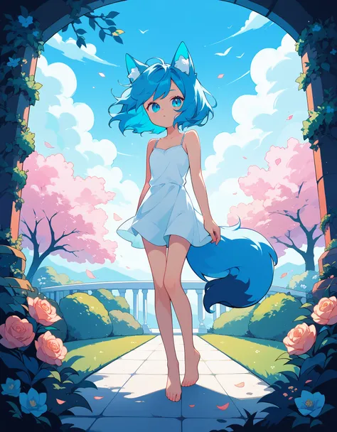 1girl, fox ears, blue hair, barefoot, white camisole, animal ear fluff, standing, full body, floating clothes, wind, garden, slit pupils, limited palette, vibrant, red outline, portrait, looking at viewer,