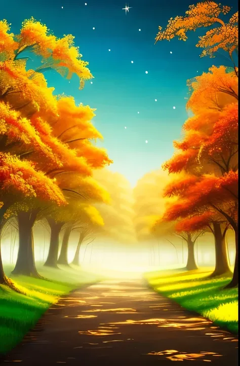 painting of a forest with a blue sky and orange trees, blue forest, beautiful misty wood, painting of a forest, misty wood, misty woods, misty forest, a mystical misty glow, forest colors, moonlit forest, glowing forest, in an evening autumn forest, mystic...