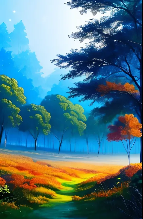 painting of a forest with a blue sky and orange trees, blue forest, beautiful misty wood, painting of a forest, misty wood, misty woods, misty forest, a mystical misty glow, forest colors, moonlit forest, glowing forest, in an evening autumn forest, mystic...