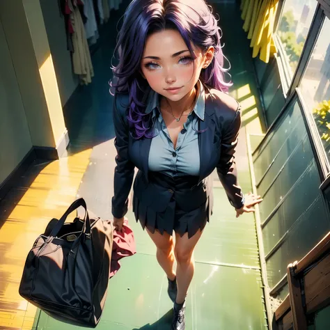 (masterpiece), best quality, 1girl, expressive eyes, perfect face, (purple hair), perfect anatomy, full body, 4k, HDR, full HD, alone, she is walking in the hallway of a school, without students, she is a sunny day where sun rays come through the windows, ...