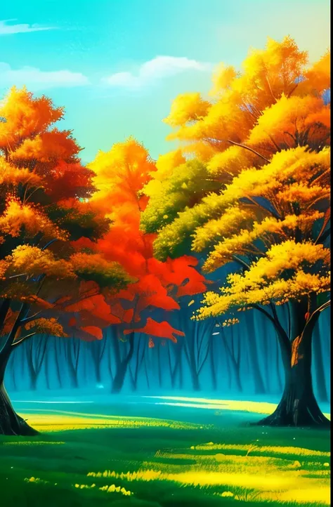 painting of a forest with a blue sky and orange trees, blue forest, beautiful misty wood, painting of a forest, misty wood, misty woods, misty forest, a mystical misty glow, forest colors, moonlit forest, glowing forest, in an evening autumn forest, mystic...